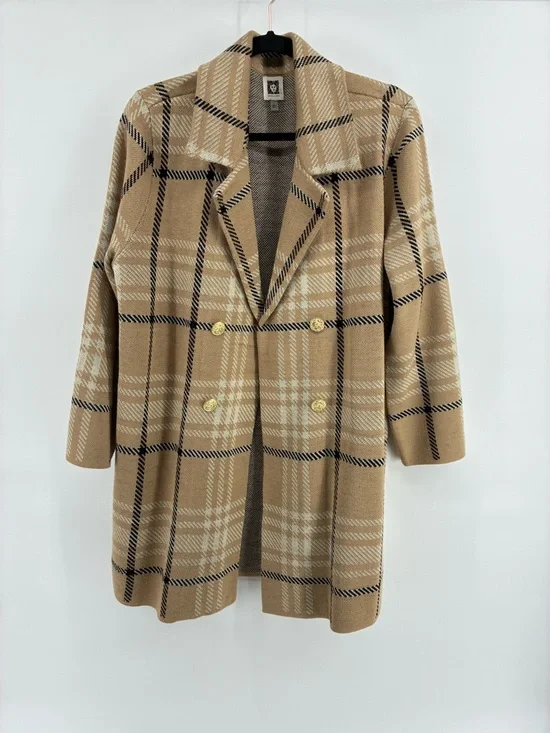 Anne Klein Tan Plaid Double-Breasted Pea Coat Cardigan Shacket - Picture 2 of 9